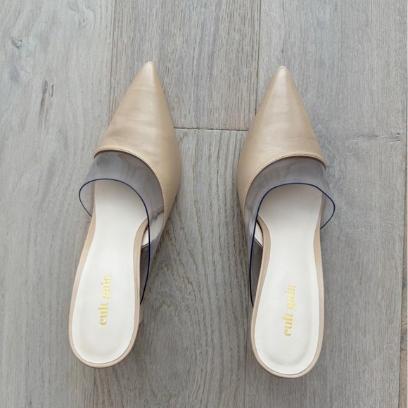 cult gaia Shoes - Cult Gaia Neutral Beige Leather PVC Pointed Toe Lucite Heels Mules